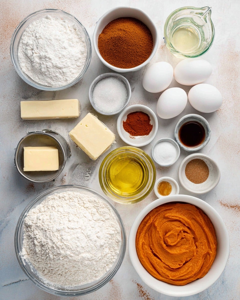 A collection of baking ingredients arranged neatly on a white marbled surface, including a large clear glass bowl filled with white flour at the bottom left, a large white bowl with white sugar filled to the brim at the center right, and a white bowl containing brown sugar above it. To the right, a white bowl holds smooth, orange pumpkin puree. Around these bowls are four white eggs, a stick of silver-wrapped butter, a small white bowl with melted yellow butter, and a glass measuring cup with clear vegetable oil. Small metal bowls contain salt, baking soda, cinnamon, and a dark liquid, along with a small white bowl with brown sugar and two small containers with vanilla and cinnamon. All are arranged in an organized, overhead flat lay style. Photo taken with an iphone --ar 4:5 --v 7