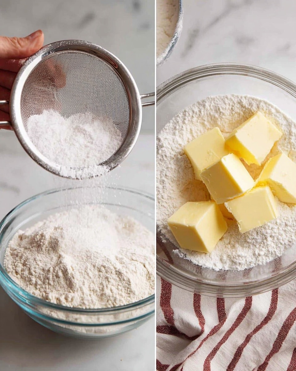 The image shows two parts: on the left side, a woman's hand is holding a metal sieve with white flour passing through it into a clear glass bowl filled with white flour, all placed on a white marbled surface with a striped cloth partly visible underneath; on the right side, a clear glass bowl contains a mix of white flour and several light yellow butter cubes resting on top, with the background partly showing the striped cloth again, both scenes focused on baking preparation, photo taken with an iphone --ar 4:5 --v 7