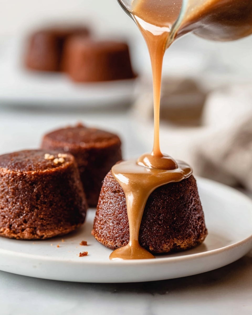 The image shows three small round dark brown cakes placed on a white plate with a smooth texture. One cake is in the front center, with a light brown caramel sauce being poured over it from a small glass jug held by a woman's hand; the sauce flows over the top and drips down the sides. Two more cakes are behind the front one, slightly out of focus. The plate is on a white marbled surface, and the background is softly blurred. Photo taken with an iphone --ar 4:5 --v 7
