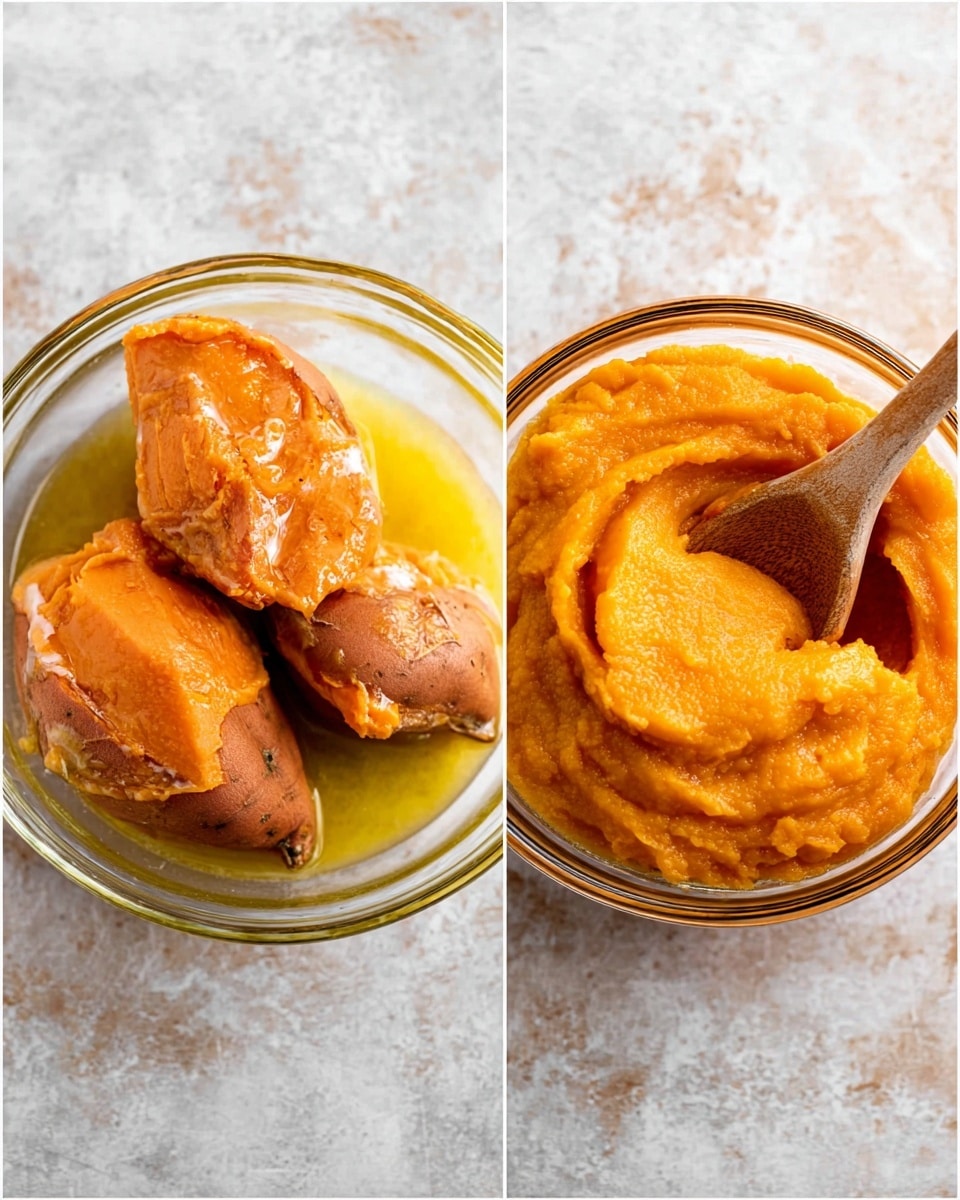 The image shows a clear glass bowl with three orange sweet potatoes in the left side, placed close together, partially covered with melted butter creating shiny yellow pools at the base. On the right side, the same bowl holds a smooth, thick orange puree with a soft, creamy texture, and a wooden spoon partially dipped into it from the right. Both bowls sit on a white marbled textured surface. photo taken with an iphone --ar 4:5 --v 7