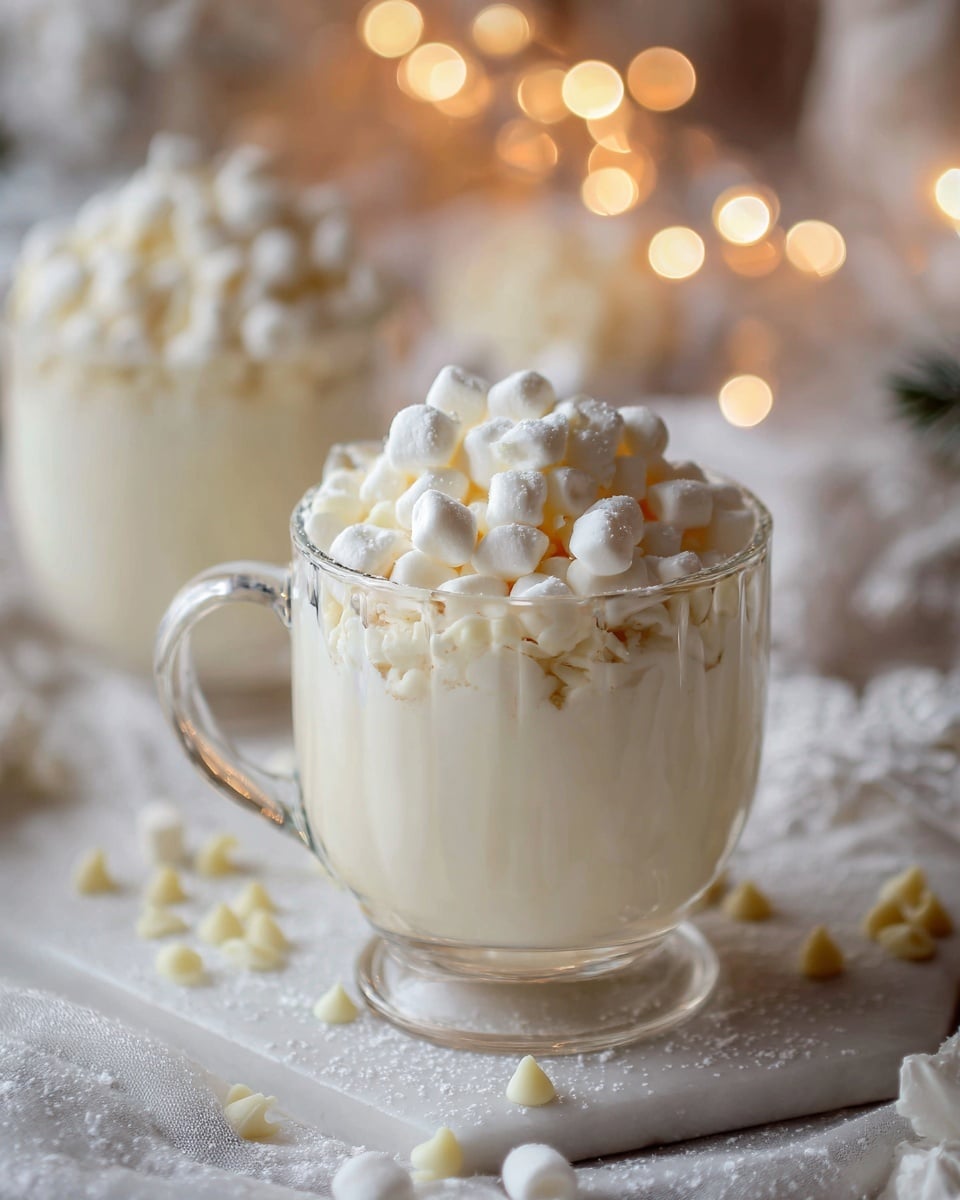 A clear glass cup filled with creamy white hot chocolate topped with a thick layer of small white marshmallows, some marshmallows slightly melting on the surface, sits on a white marbled cloth sprinkled with white chocolate chips, with a second similar glass cup blurred in the background, warm lights softly glowing behind, creating a cozy atmosphere photo taken with an iphone --ar 4:5 --v 7