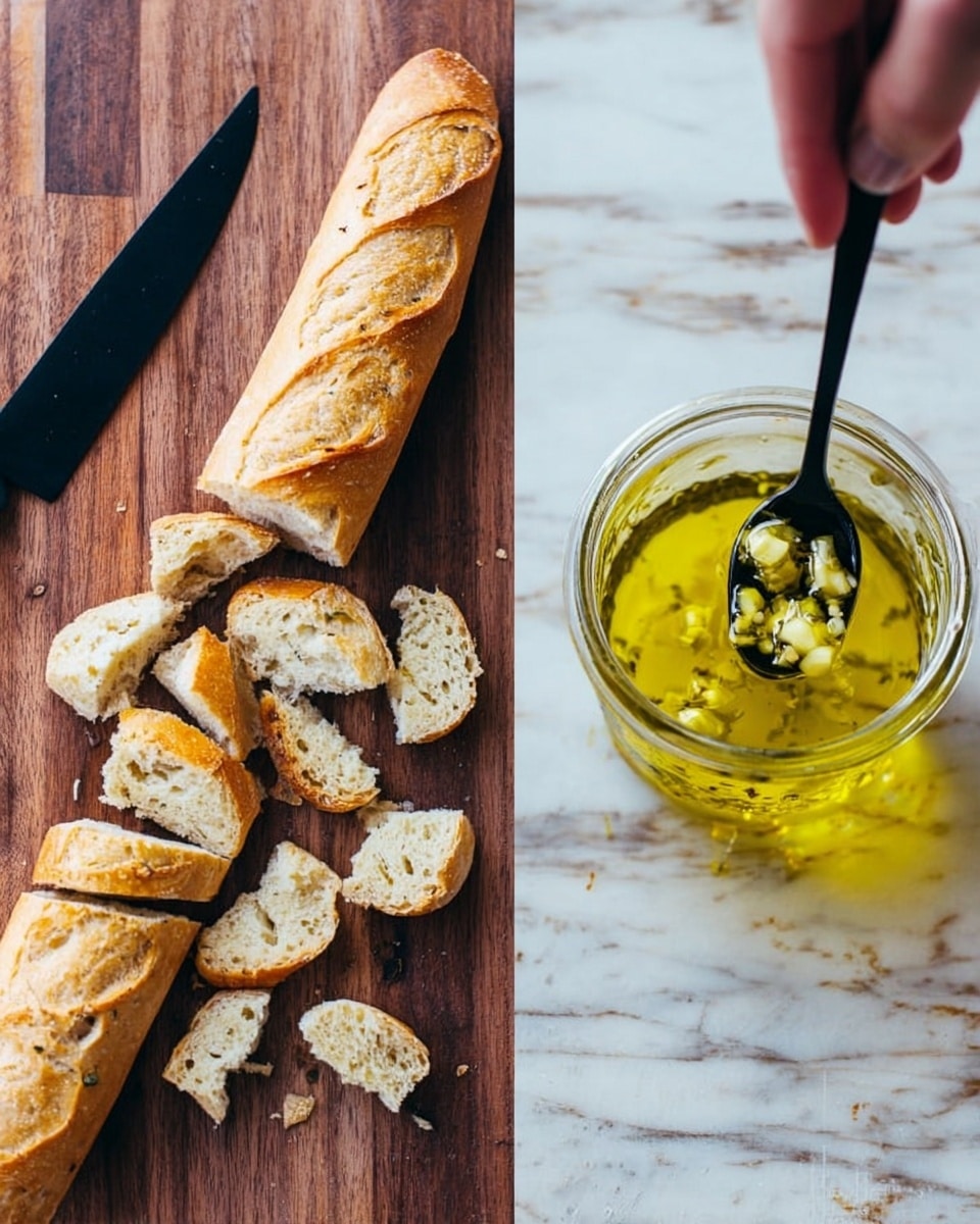 Left side shows a long baguette bread with a golden crust lying on a wooden surface. The baguette is partly sliced into uneven small pieces scattered around it. A black-handled knife is placed to the left of the bread. The right side shows a small clear glass jar filled with yellow oil and pieces of garlic inside. A woman's hand holding a small black spoon is above the jar, scooping some oil. The background on the right side is a white marbled texture. photo taken with an iphone --ar 4:5 --v 7