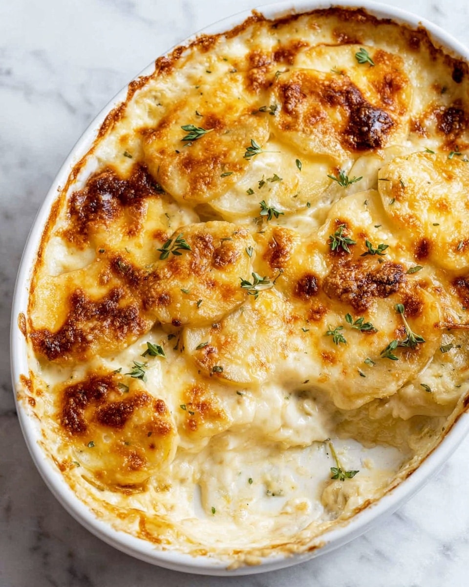 This image shows a white oval dish filled with a potato gratin, which has about four visible layers of thin, round potato slices. The top layer is covered with bubbly, melted cheese that is golden brown in spots, giving a slightly crispy texture. Small green herb leaves, likely thyme, are scattered on top adding a fresh touch. The creamy sauce between the layers is visible at the edge where a scoop has been taken out, showing the soft and tender potatoes inside. The dish sits on a white marbled surface. photo taken with an iphone --ar 4:5 --v 7