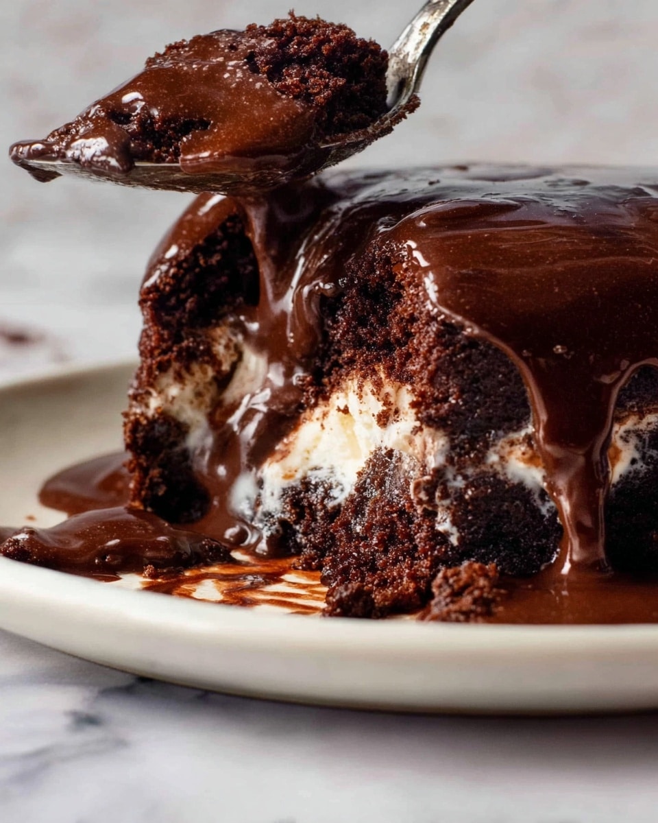 A close-up shows a rich dark brown chocolate cake layer with a moist texture, topped with a thick layer of glossy chocolate sauce that slowly drips down the sides. Underneath the cake, there is a creamy white layer of ice cream melting and mixing with the chocolate sauce, creating swirls of dark brown and white. A silver spoon lifts a piece of the cake and ice cream mix, with some melted sauce dripping onto the side of the white plate. The background features a white marbled texture. Photo taken with an iphone --ar 4:5 --v 7