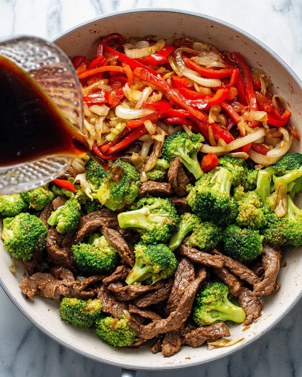 A white pan filled with a stir-fry showing three main layers: the bottom layer has cooked, thin brown beef strips with a slight char texture; the middle layer shows bright green broccoli florets with a fresh, crisp look; the top layer contains red bell pepper strips and translucent cooked onion slices scattered evenly. Dark sauce is being poured from a glass cup into the pan from the bottom left corner. The pan is set on a white marbled surface. photo taken with an iphone --ar 4:5 --v 7