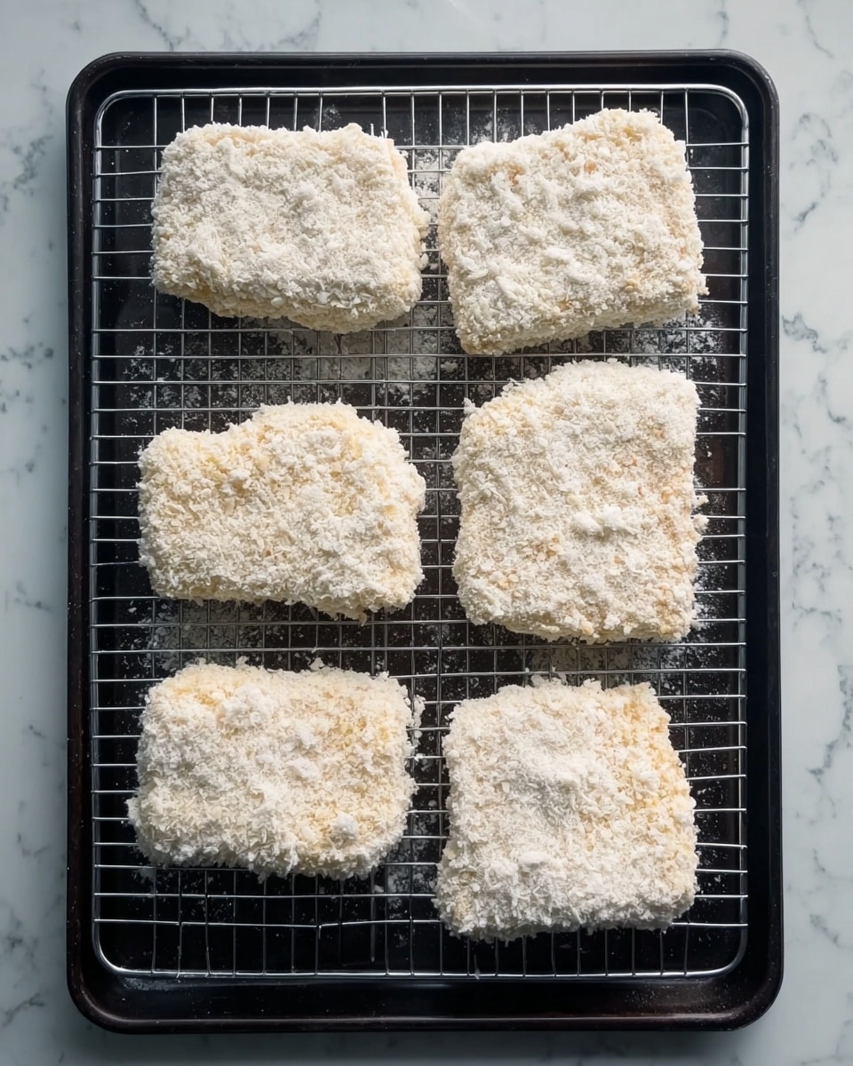 The image shows four pieces of breaded food placed evenly on a black wire rack set over a black baking tray. Each piece is thick and covered in a rough, white coating that looks like a flour or bread crumb mixture. The coating is uneven, creating a textured and slightly bumpy surface on every piece. The pieces are arranged in two rows, with two pieces in each row, and the black wire grid contrasts with the pale coating on the food. The background surface visible beyond the baking tray is a white marbled texture. photo taken with an iphone --ar 4:5 --v 7