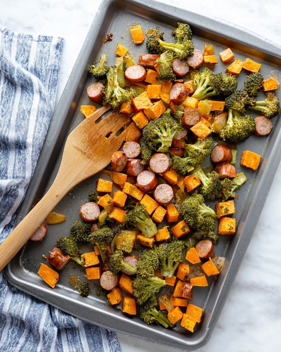 A large gray baking tray holds a mix of roasted ingredients. The bottom layer is covered with bright orange cubes of roasted sweet potatoes scattered across the tray. Mixed on top are pieces of green broccoli with slightly charred edges and slices of browned sausage in round shapes. A wooden spatula rests on the left side of the tray, with pieces of sweet potato, broccoli, and sausage on it. The tray sits on a white marbled surface with a blue and white striped cloth partially visible in the top left corner. photo taken with an iphone --ar 4:5 --v 7