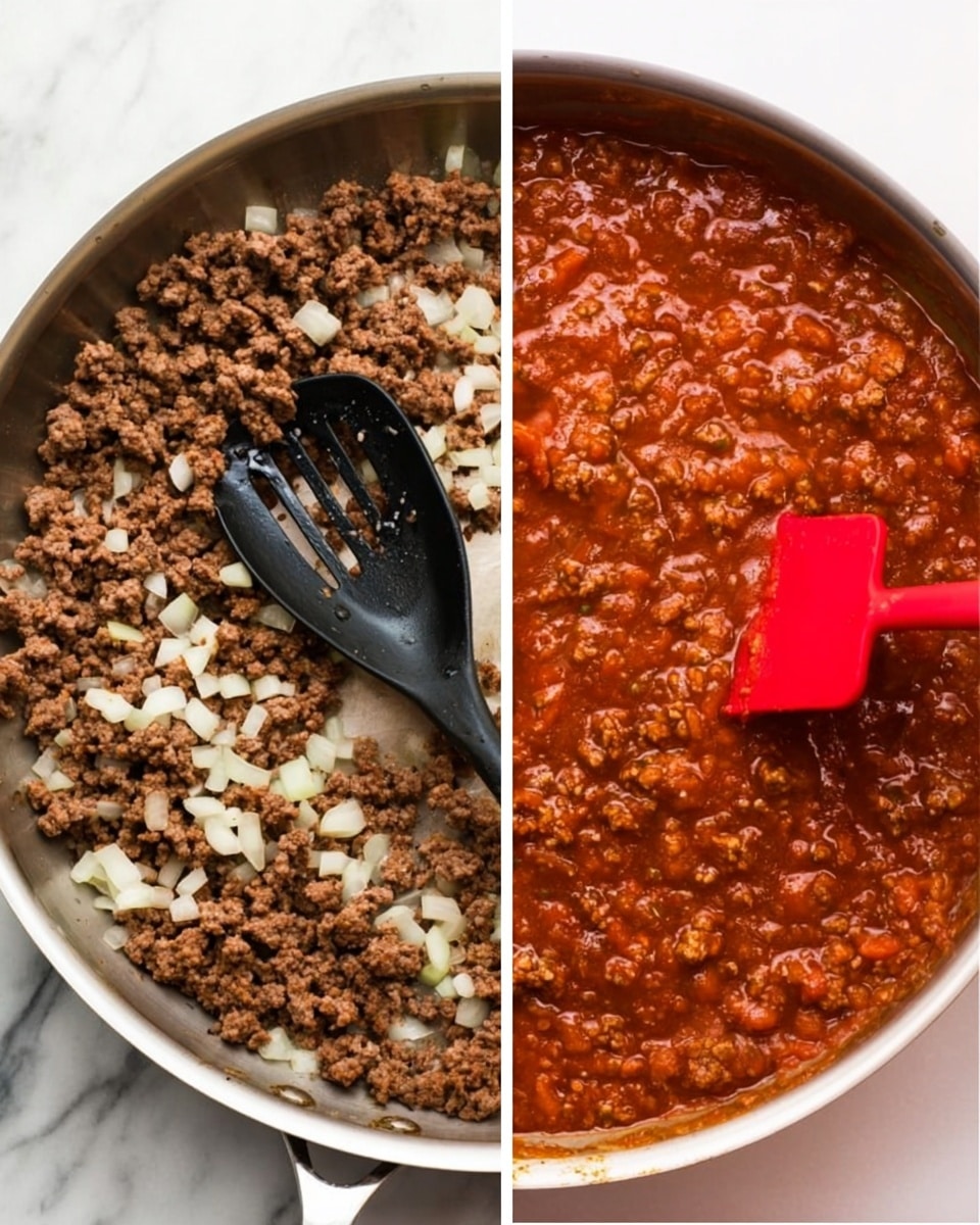 The image is split into two parts. On the left side, there is a close-up of a silver pan filled with cooked ground beef mixed with small white onion pieces. A black slotted spoon is stirring the mixture. On the right side, there is a pan filled with thick, reddish-brown meat sauce with visible ground beef bits, and a red spatula is resting inside the sauce. Both pans sit on a white marbled surface. photo taken with an iphone --ar 4:5 --v 7