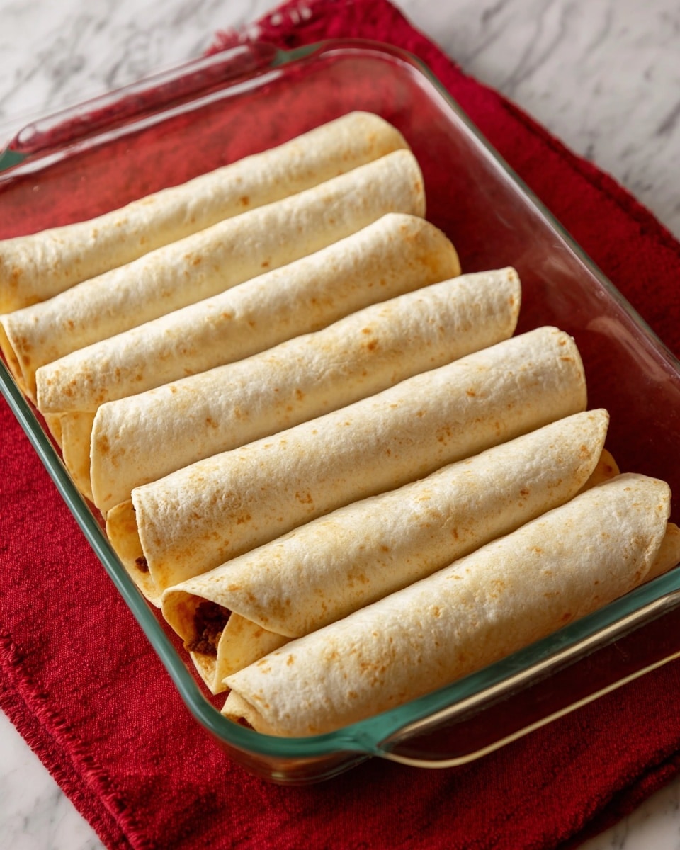 The image shows seven rolled tortillas placed side by side in a glass baking dish on a red cloth with a white marbled background underneath the cloth. Each tortilla is a light beige color with a soft texture and is filled with a dark brown filling that is slightly visible at the edges. The tortillas are aligned in a neat row inside the clear glass dish, which has rounded corners and rests directly on the red cloth. The overall look is simple and organized, focusing on the evenly rolled tortillas filled with the dark mixture. Photo taken with an iphone --ar 4:5 --v 7