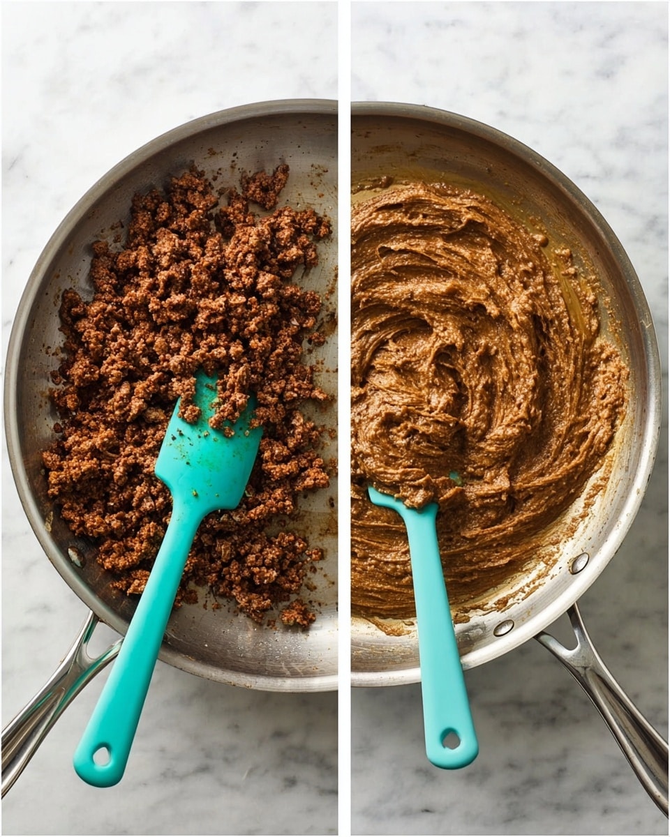The image shows two side-by-side views of a silver frying pan on a white marbled surface. In the left view, the pan holds finely crumbled browned meat, with a teal silicone spatula stirring it, showing small, well-cooked pieces with a slightly oily shine. In the right view, the same pan contains the meat blended into a thicker, smoother brown paste with a creamy texture, being mixed by the same teal spatula. The pan handle extends out of the frame, and no other objects are visible. photo taken with an iphone --ar 4:5 --v 7