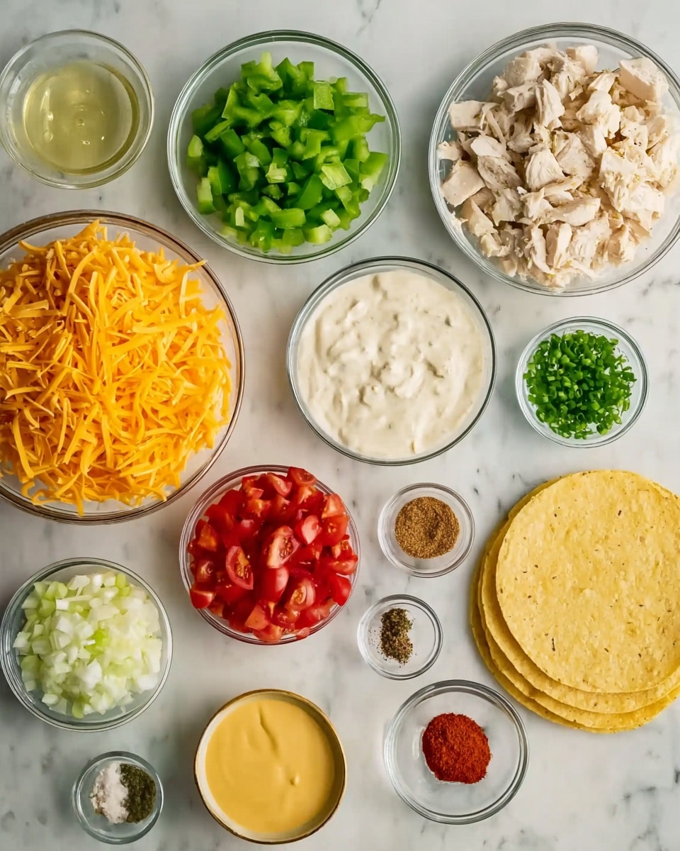 The image shows an overhead view of various clear glass bowls and small dishes arranged on a white marbled surface. There are about ten containers: one large bowl filled with bright orange shredded cheese, another with chopped white chicken pieces, a slightly smaller bowl with green chopped bell peppers, and a bowl holding creamy white sauce dotted with herbs. Nearby, a bowl contains chunky red tomatoes. Smaller dishes hold white chopped onions, dark ground pepper, light brown powder, red ground spice, salt, and chopped green onions. There is also a bowl with smooth yellow cheese sauce, a small container of clear liquid, and two yellow corn tortillas stacked together at the lower right corner. photo taken with an iphone --ar 4:5 --v 7