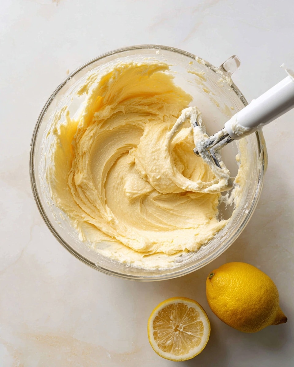 A clear glass mixing bowl filled with a creamy, light yellow batter with a smooth and thick texture. Inside the bowl, a white and metal mixing attachment is partially covered in the batter, resting on the right side. The bowl is placed on a white marbled surface, with two lemons at the bottom right corner: one whole and bright yellow, the other cut in half showing its juicy interior. The overall scene is bright and clean with a soft natural light. photo taken with an iphone --ar 4:5 --v 7