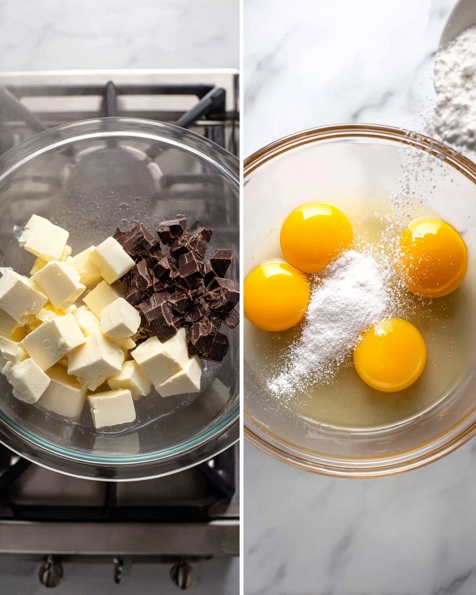 The image shows two steps of a cooking process side by side. On the left, there is a clear glass bowl holding small cubes of white butter and dark brown chopped chocolate. This bowl is placed over a pot of boiling water on a stove, with steam visible, indicating a melting process. On the right, four raw egg yolks with egg whites sit in a clear glass bowl on a white marbled surface, while white granulated sugar is being poured over them. Photo taken with an iphone --ar 4:5 --v 7