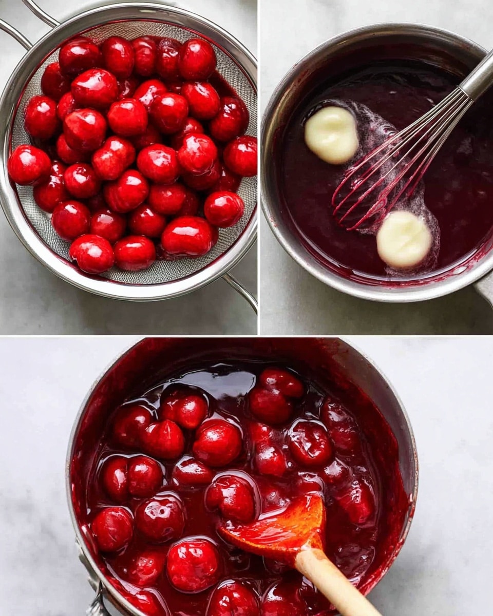 The image shows three stages of making a cherry sauce. The top left part shows a white bowl with deep red cherry juice inside, and over it, a silver strainer filled with whole bright red cherries. The top right part shows a silver pan with dark red liquid being stirred by a whisk; there are two small dollops of pale butter melting into the sauce. The bottom part is a close-up of shiny, thick cherry sauce with whole cherries coated in a bright, glossy red syrup, being stirred with a wooden spoon. The background is a white marbled surface. Photo taken with an iphone --ar 4:5 --v 7
