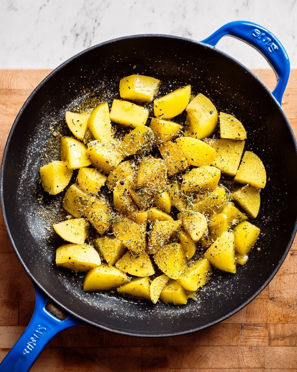 A black pan with a blue handle filled with yellow potato pieces that have light specks of seasoning on them, likely pepper and herbs, scattered on top. There is a layer of melting butter or oil underneath the potatoes, giving a shiny texture. The pan is set on a white marbled surface with a wooden texture visible around it. photo taken with an iphone --ar 4:5 --v 7