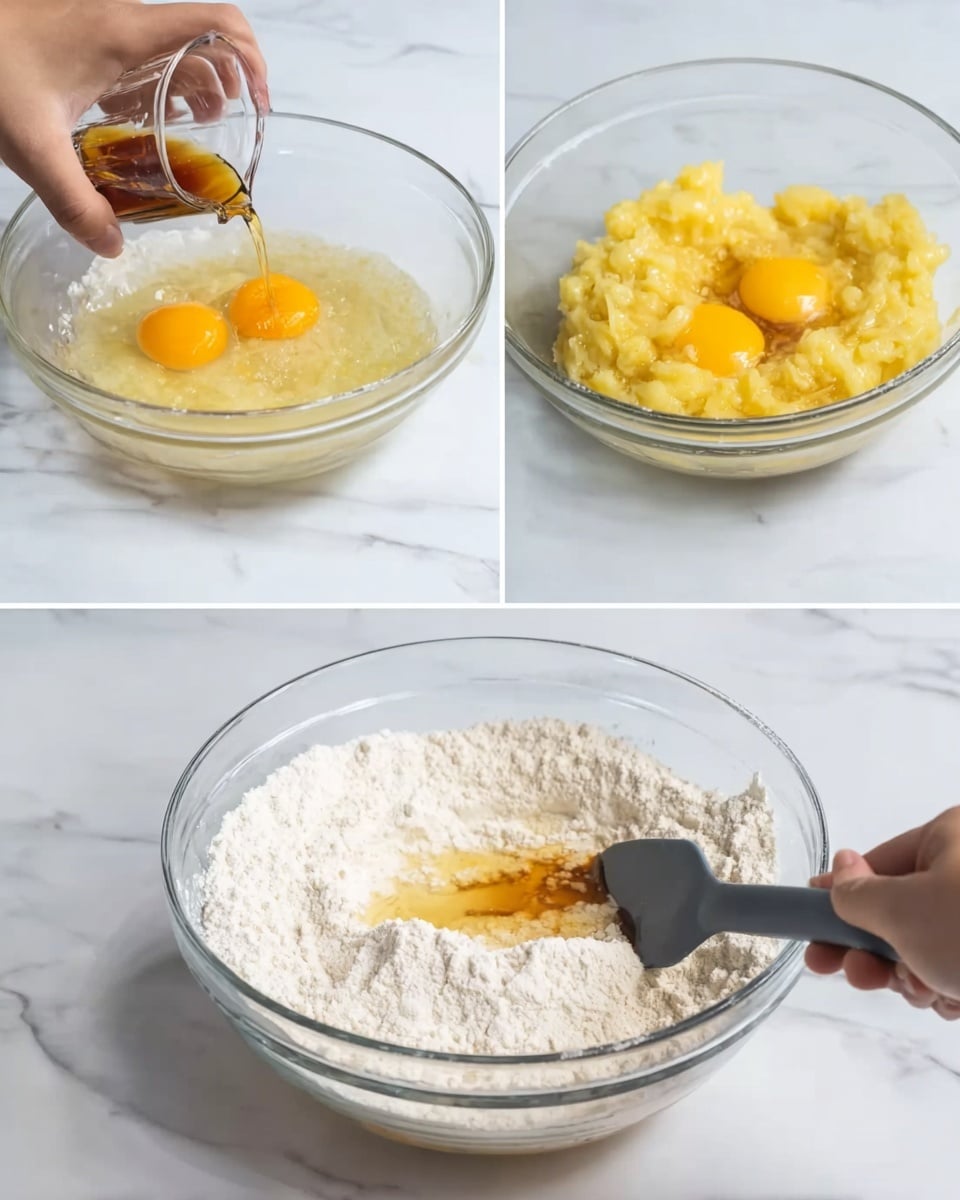 A clear glass bowl sits on a white marbled surface, filled with three bright yellow egg yolks partially submerged in a pale, chunky mixture of mashed light yellow fruit, with a small amount of dark brown liquid being poured in from a small transparent container held by a woman's hand at the top left. In the second image, the same glass bowl now contains a thick layer of white flour covering the yellow mixture at the bottom, with a visible stream of the dark brown liquid creating a path in the flour; a woman's right hand holds the bowl steady while her left hand stirs the contents with a dark gray spatula. Photo taken with an iphone --ar 4:5 --v 7