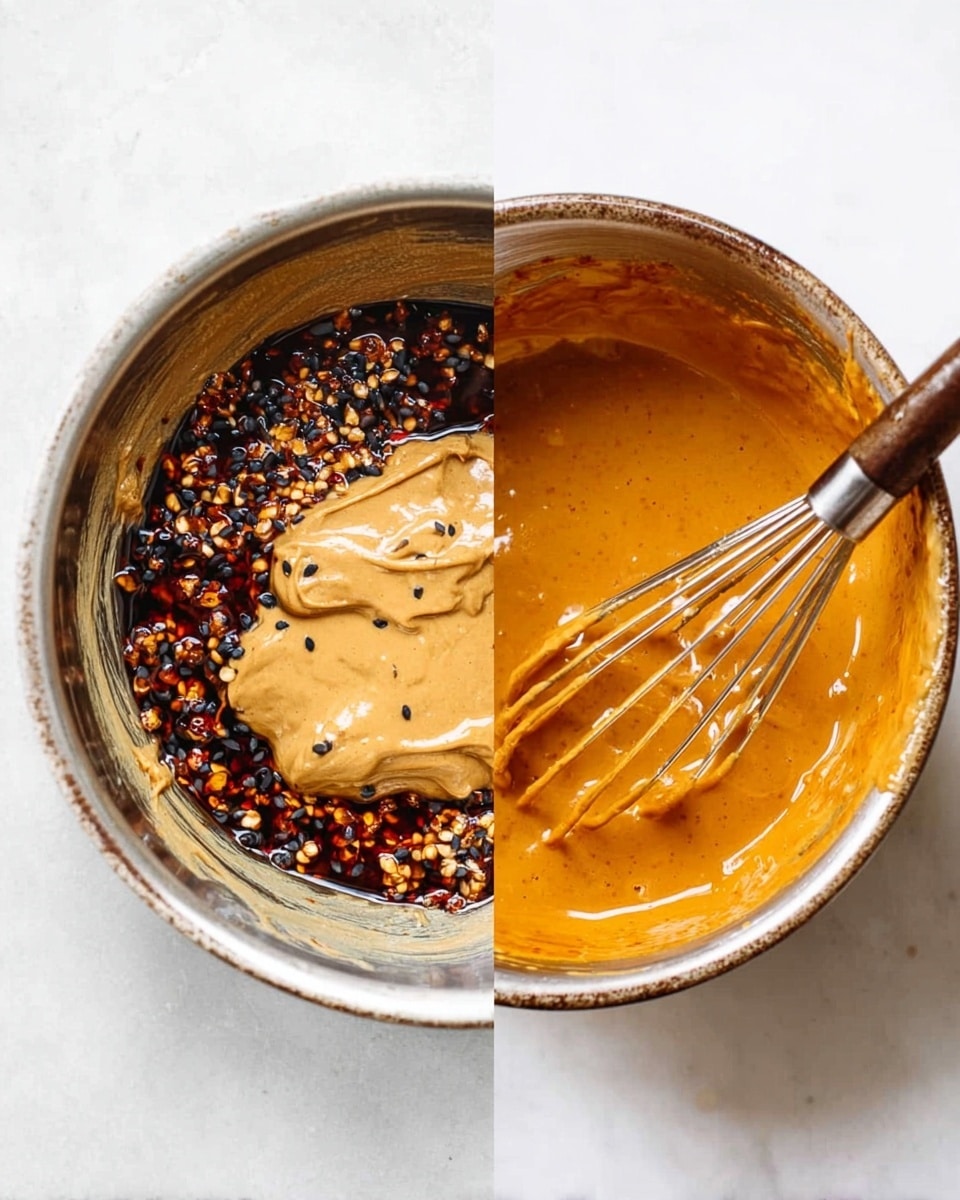The image shows two metal mixing bowls side by side on a white marbled surface. The left bowl contains three main layers: a thick layer of peanut butter in the center with a smooth, creamy light brown texture, surrounded by a dark brown sauce with visible chili flakes and seeds scattered throughout. The right bowl has a single smooth layer of a glossy, warm orange sauce being mixed with a metal whisk. The orange sauce’s texture is even and shiny with a slightly thick consistency. Photo taken with an iphone --ar 4:5 --v 7