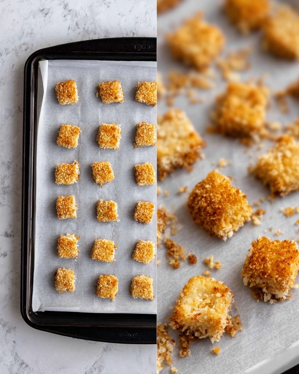The image shows a black baking tray lined with white baking paper on a white marbled surface. On the tray are five rows of small square pieces arranged evenly, each piece coated with a light crumbly mixture that looks like bread crumbs or a crunchy coating. In the second part of the image, there is a close-up of the baked pieces, showing a golden brown and crispy texture with an uneven surface, scattered on the white baking paper. The colors range from light beige to golden brown, with rough, crunchy edges. Photo taken with an iphone --ar 4:5 --v 7