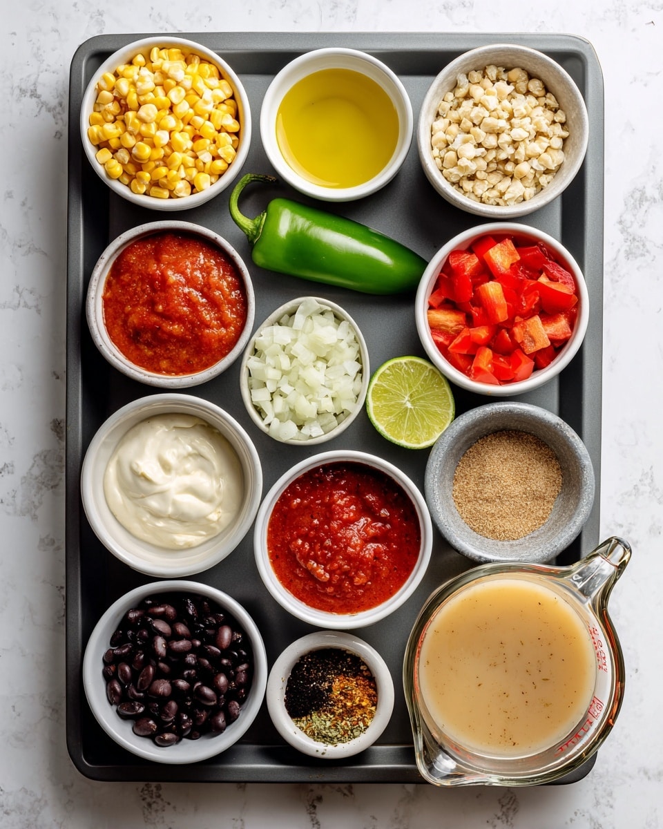 A dark gray tray holds fourteen small white bowls and one clear glass measuring cup with various ingredients arranged neatly on a white marbled surface. Starting from the top left, there is a bowl of yellow corn kernels and a bowl of bright yellow olive oil next to minced light beige garlic. Below the corn, white chopped onion sits next to a small bowl of red tomato paste. A clear bowl of diced red bell pepper is near the center with a fresh green jalapeno placed beside it. Half a lime with visible texture rests beside the tomato paste. In the bottom left area, a bowl of creamy off-white cashew cream sits above bright red crushed tomatoes, with black beans below. Close to the beans is a small bowl of light brown sugar. To the right of the sugar is a clear glass measuring cup of pale yellow veggie broth and a small white bowl with a variety of mixed spices showing red, green, and brown shades. All items are spaced out evenly and the background is a clean white marbled texture photo taken with an iphone --ar 4:5 --v 7