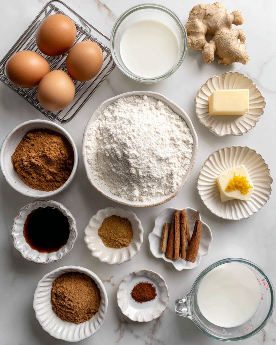 The image shows a top-down view of various baking ingredients arranged neatly on a white marbled surface. At the center is a white bowl filled with white flour, topped by a smaller glass bowl holding white baking soda. Below and to the right, a white scalloped bowl contains white baking powder. To the left, a small white bowl holds dark molasses, and below it, another white bowl contains brown sugar with a coarse texture and dark brown color. To the upper left, two brown eggs rest on a metal cooling rack. At the top right, there is a piece of light brown fresh ginger and a small white bowl with bright yellow-orange zest. Next to it, on a white patterned plate, are four spices: light brown ground ginger, deeper brown cinnamon, dark brown allspice, and medium brown cinnamon, laid in neat portions. At the bottom right corner, a clear glass measuring cup contains off-white buttermilk. A small clear bowl with white salt is also visible near the top. The setup is clean and organized, emphasizing the textures and colors of each ingredient. photo taken with an iphone --ar 4:5 --v 7