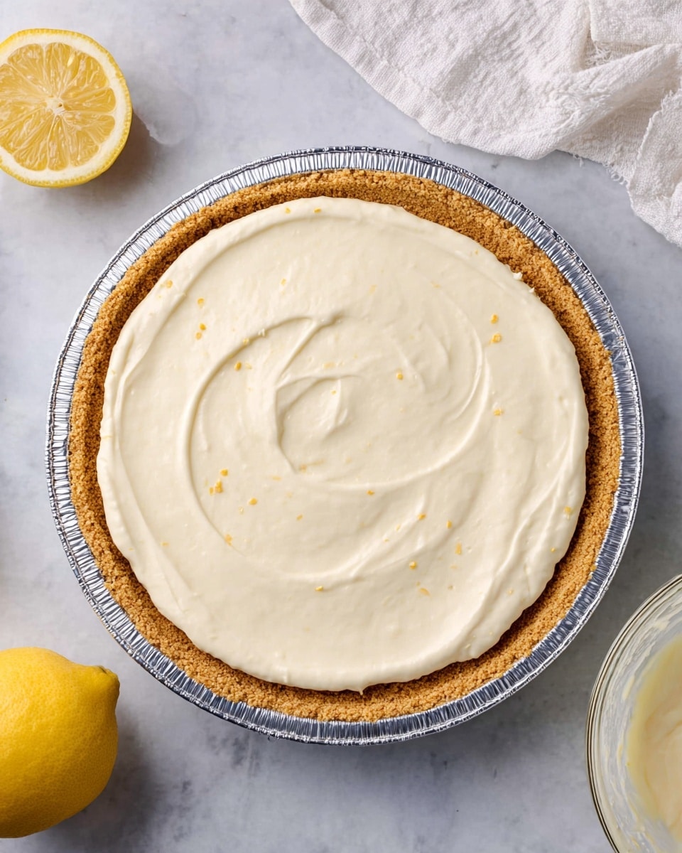 A round pie with two clear layers is shown on a white marbled surface. The bottom layer is a thick, golden-brown crumb crust pressed along the sides and base of a foil pie pan. The top layer is a smooth, creamy off-white filling with a few tiny orange specks, spread evenly inside the crust with a soft swirl pattern in the center. On the left side, a halved yellow lemon sits next to a white cloth with a slightly wrinkled texture, and on the right edge, a clear glass bowl with more creamy mixture inside is partially visible. Photo taken with an iphone --ar 4:5 --v 7