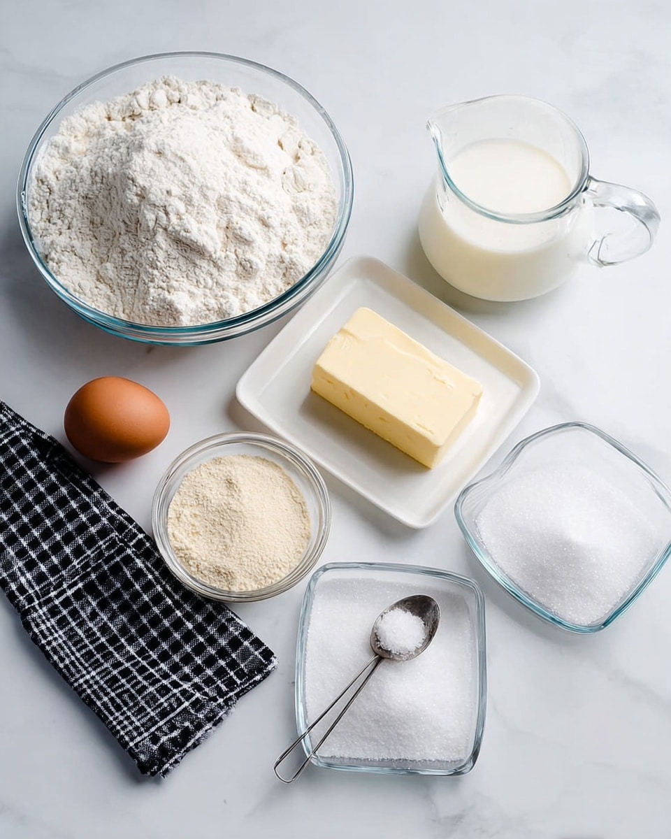 The image shows six baking ingredients arranged on a white marbled surface. On the left, there is a large clear glass bowl filled with white flour piled high. Below it is a brown egg sitting next to a black and white checkered cloth. In front of the egg is a small clear glass bowl with light beige dry yeast. To the right of the flour bowl, a white plate holds a stick of pale yellow butter and a metal measuring spoon filled with salt. Next to the plate is a small square clear glass bowl full of white granulated sugar. On the far right, a clear glass pitcher contains white milk. The photo taken with an iphone --ar 4:5 --v 7