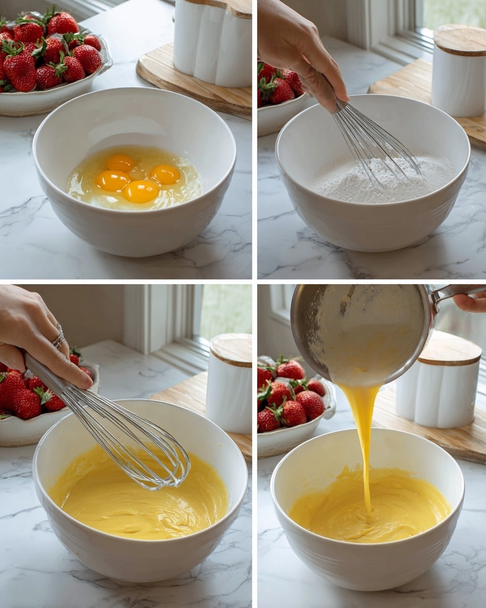 A collage of four images shows the process of making a batter in a white bowl on a white marbled surface near a window with soft natural light. The first image has three yellow egg yolks with some egg white at the center of the bowl. The second image shows a woman's hand pouring white powder over the egg yolks inside the bowl. The third image captures a woman’s hand whisking the smooth yellow mixture, lifting the whisk showing a thick, creamy texture falling back into the bowl. The fourth image shows a woman’s hand pouring a light cream-colored liquid with dark vanilla specks from a metal saucepan into the yellow batter, with the whisk resting inside the bowl. In the background, there is a white bowl with strawberries on a wooden board, a whisk, and two white containers with wooden lids. Photo taken with an iphone --ar 4:5 --v 7