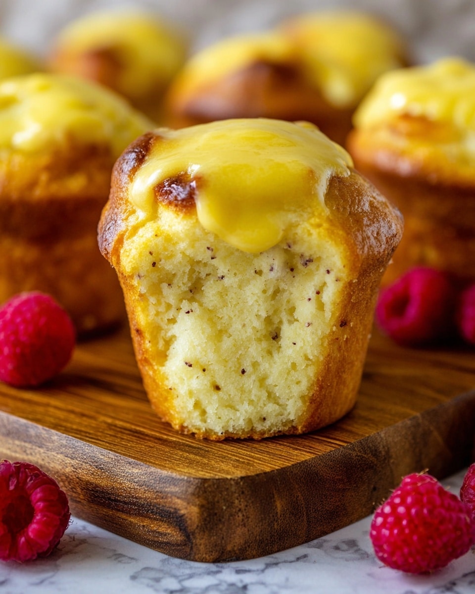 The image shows a close-up of a muffin with two visible layers. The bottom layer is a light yellow, soft, crumbly cake with a rough texture and some small black specks. The top layer is a smooth, glossy yellow custard or cream that gently drapes over the muffin. The muffin sits on a brown rustic wooden board, with a white marbled surface underneath, and several fresh red raspberries are scattered around the base. In the background, multiple similar muffins with the same yellow topping are slightly blurred. Photo taken with an iphone --ar 4:5 --v 7