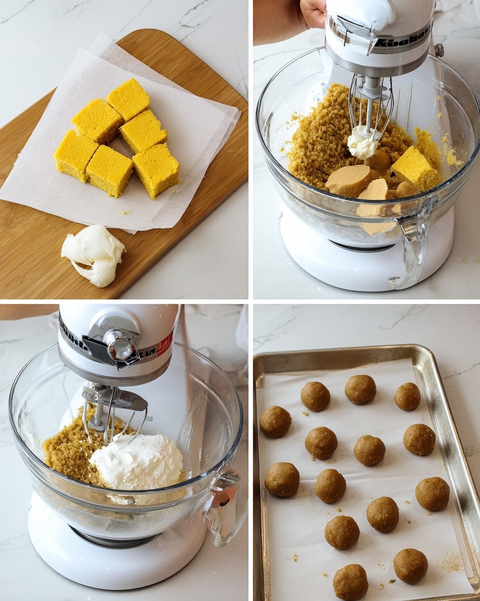 The image shows four steps of making a dessert. The first part has a square yellow cake cut into small squares on white parchment paper, sitting on a wooden board. The second part shows chunks of the cake inside a large clear mixing bowl attached to a white stand mixer, with the mixer paddle inside. The third part shows the mixer in action, blending the cake crumbs with a white creamy ingredient added on top. A woman's hand is holding the mixer. The fourth part displays small brown dough balls evenly placed on a baking tray lined with white parchment paper. The background and surface are a white marbled texture. Photo taken with an iphone --ar 4:5 --v 7