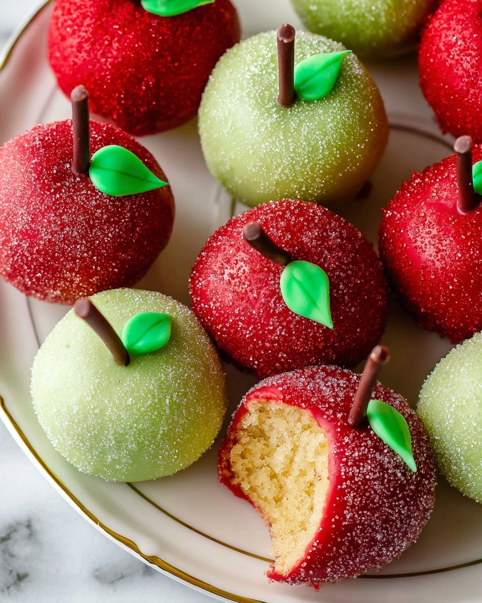 The image shows several round cake pops made to look like small apples, arranged closely on a white plate with a gold rim. Each cake pop has a smooth, shiny coating—some are bright red and some are light green, all with a slightly grainy sugar texture sprinkled on top. Each red cake pop has a small dark brown stick at the top to resemble an apple stem, along with a tiny green leaf detail beside the stem. One red cake pop near the center is bitten, revealing a light yellow, moist cake inside with a crumbly texture. The background is a white marbled surface, enhancing the bright colors of the cake pops. Photo taken with an iphone --ar 4:5 --v 7