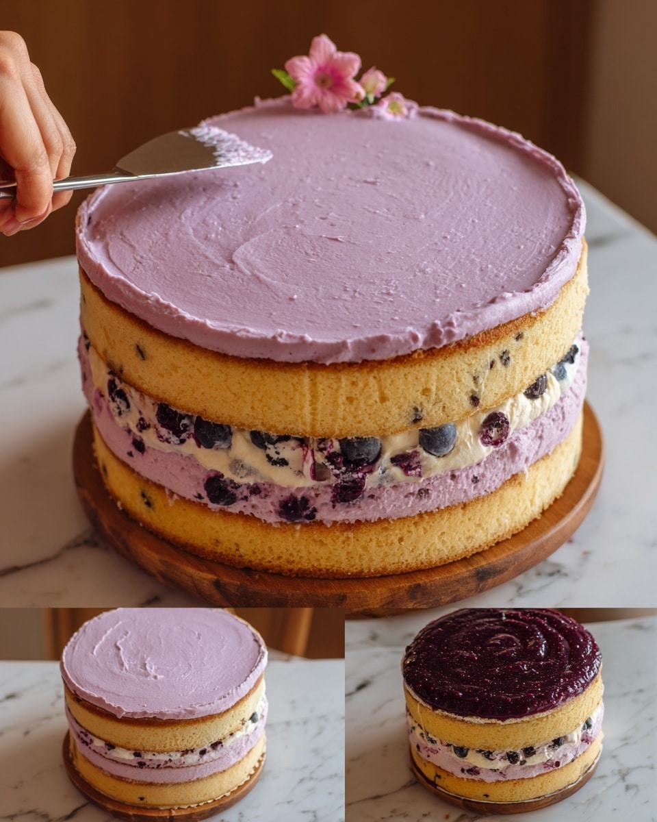 The image shows a four-layer round cake being decorated on a white marbled surface. The cake layers are light yellow with dark berry spots inside. Between each layer, a thick, smooth light purple frosting is spread evenly. The second layer from the top has a dark purple jelly-like layer spread on top of the purple frosting. A woman's hand is seen holding a spatula smoothing the purple frosting on the top layer. The cake sits on a wooden stand with a small pink flower decoration at the back. Photo taken with an iphone --ar 4:5 --v 7