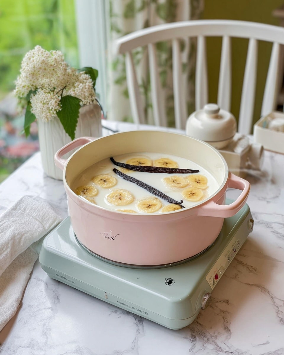 A white pot with a pink inside filled with a white creamy liquid layered with sliced yellow bananas and two whole dark brown vanilla pods floating on top. The pot is placed on a light green portable stove sitting on a white marbled surface. In the background, there is a white chair, a small pot with white flowers and green leaves, and a white ceramic container with a lid, with a soft green outdoor view through a window. A white cloth lies beside the stove. Photo taken with an iphone --ar 4:5 --v 7