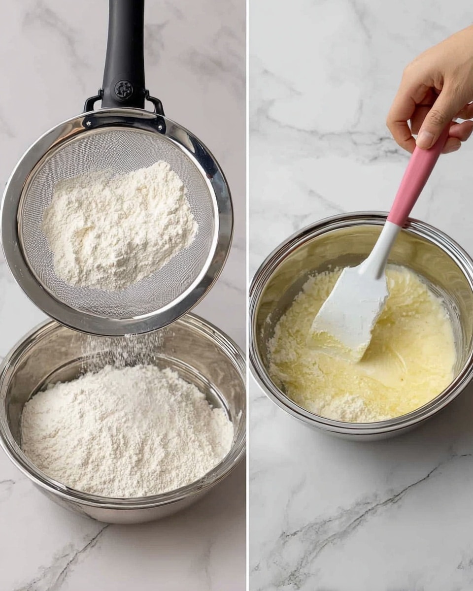 The image shows two steps of mixing dry and wet ingredients in baking. On the left, a metal sieve with black plastic handles is held above a shiny metal bowl on a white marbled surface, with white powdery flour inside the sieve and some falling into the bowl below. On the right, a woman's hand holds a white spatula with a pink handle inside a shiny metal bowl containing light yellow wet ingredients and white flour being stirred together. The background is white marbled texture. Photo taken with an iphone --ar 4:5 --v 7