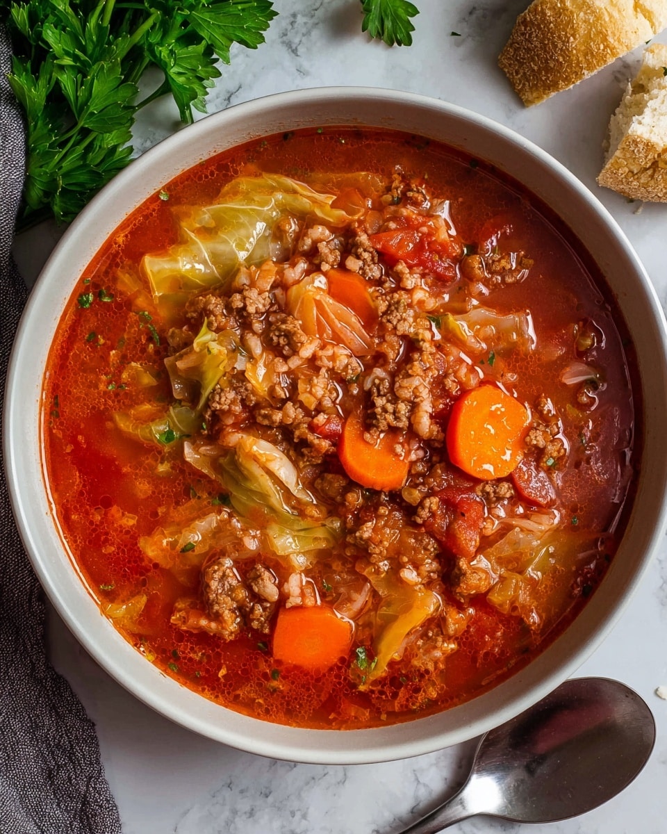 A black slow cooker filled with a thick, reddish tomato stew with visible layers of soft rice, orange carrot slices, light yellow cabbage pieces, and light brown ground meat. The stew has a chunky and moist texture, with the ingredients evenly mixed throughout. A dark wooden spoon is partially submerged on the right side, with its handle resting on the edge of the cooker. The cooker is placed on a white marbled surface, and a green herb bunch is faintly visible in the top left corner. photo taken with an iphone --ar 4:5 --v 7