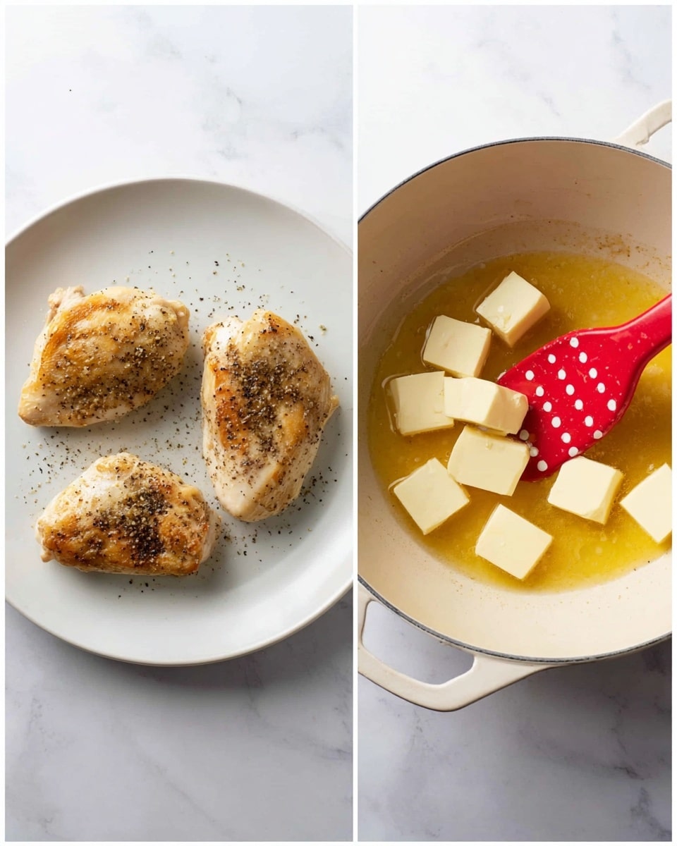 The image shows two scenes side by side on a white marbled surface. On the left, a white plate holds three cooked chicken pieces, each browned lightly with a golden crust, sprinkled with black pepper on top, resting spaced apart. On the right, there is a white pot containing a melted butter pool with small square chunks of butter dissolving in it, along with a red spatula with white polka dots stirring the butter mixture. photo taken with an iphone --ar 4:5 --v 7