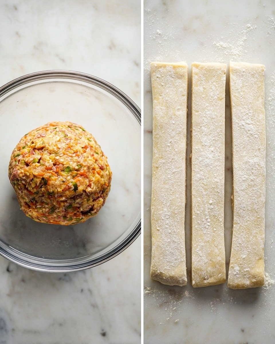 The image shows two parts: on the left, a clear glass bowl placed on a white marbled surface holds a round, smooth ball of mixed ingredients that appear to be ground meat mixed with orange bits and small green specks, giving it a varied texture and warm colors; on the right, three long rectangular strips of dough are arranged vertically one above the other on a white marbled surface; the dough looks soft, pale beige in color, with light dusting of flour giving it a slightly rough texture. photo taken with an iphone --ar 4:5 --v 7