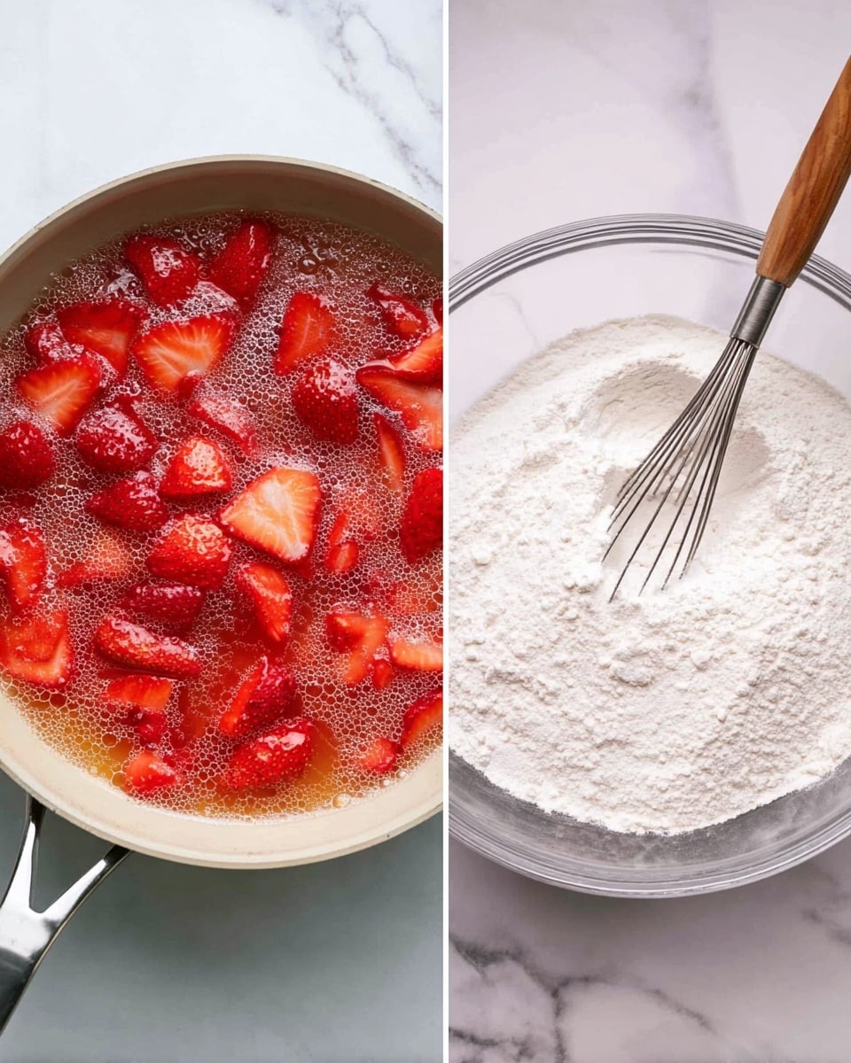 The image shows two photos side by side. On the left is a close-up of a pan on a white marbled surface with halves and pieces of red strawberries cooking in a light red syrup with bubbles rising around the fruit. The strawberries are bright red with the inner white part visible on some pieces. On the right is a clear glass bowl on the same white marbled surface containing white powder, likely flour, being mixed with a metal whisk that has a wooden handle. The bowl is halfway filled with the powder, showing light texture on the surface. photo taken with an iphone --ar 4:5 --v 7