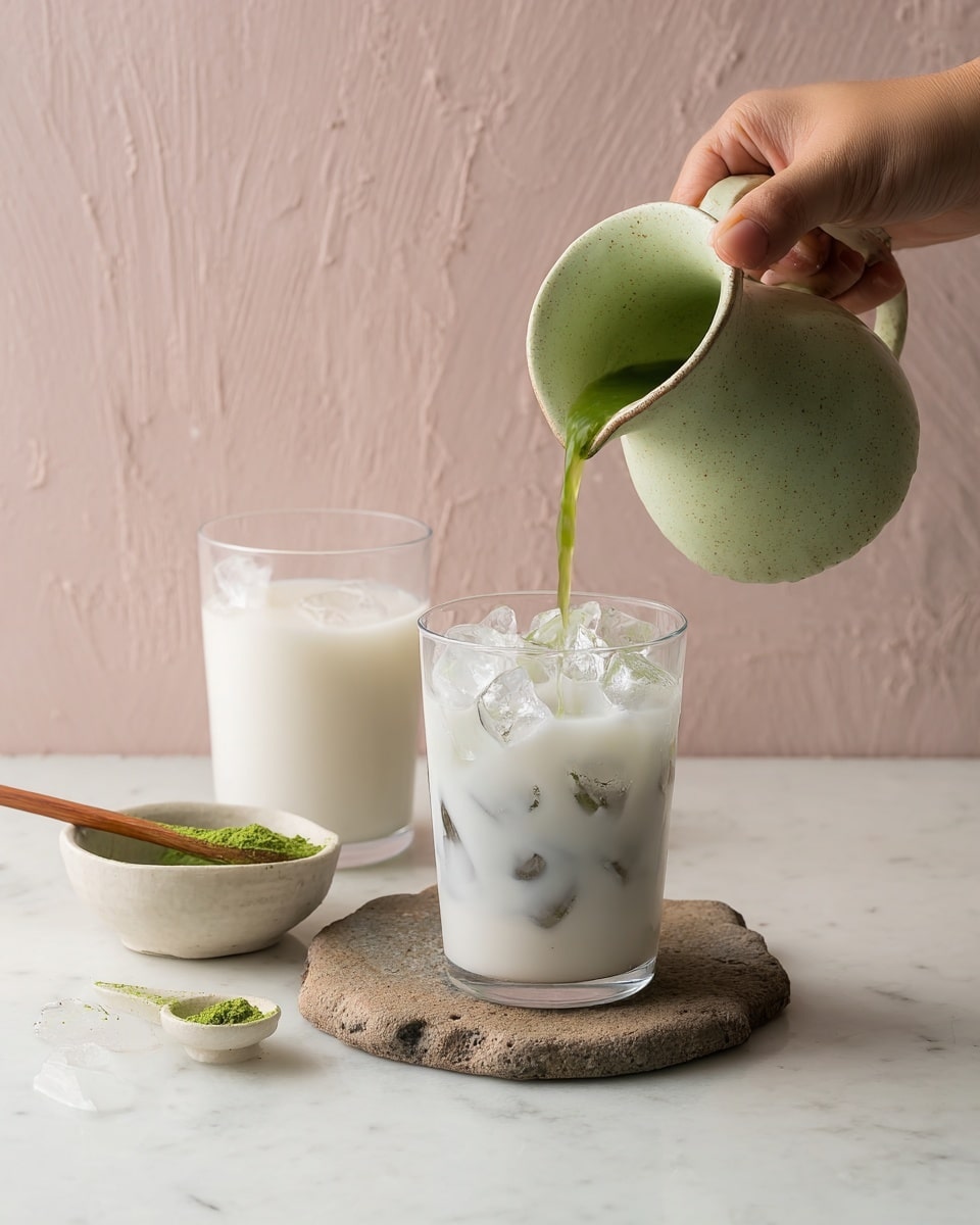A clear glass filled with white milk and ice cubes sits on a round stone-like coaster with a rough texture. A woman's hand is pouring a thin stream of bright green liquid from a light green ceramic pitcher into the glass, creating a mix of white and green. Behind it, there is another glass with white milk and ice cubes. On the left, a small rustic white bowl with green powder and a small wooden spoon rests on a white marbled surface. The background is a light pink textured wall. photo taken with an iphone --ar 4:5 --v 7