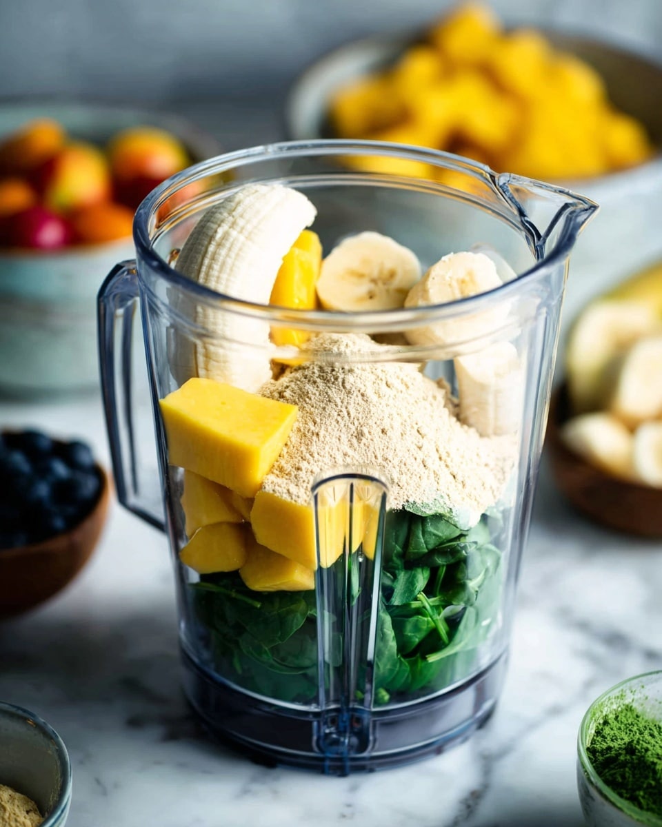 A clear blender jar is filled with layers of ingredients starting at the bottom with dark green spinach leaves, topped with a whole peeled banana that is pale yellow-white. Next to the banana are bright yellow chunks of mango. On top of these is a heap of pale beige powder, likely a protein or supplement powder. The blender sits on a white marbled surface with blurred bowls of fruits and greens visible around it. photo taken with an iphone --ar 4:5 --v 7