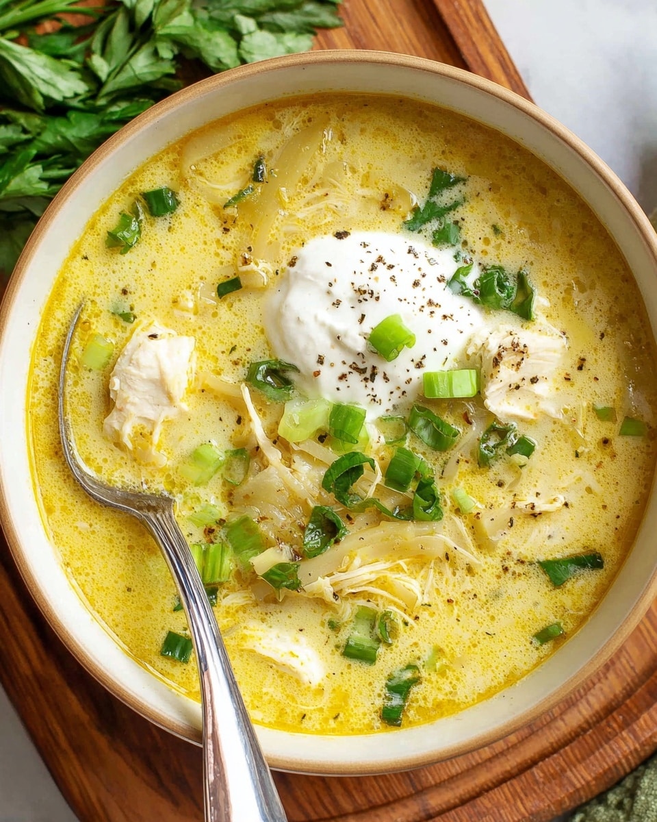 A close-up of a white bowl filled with creamy yellow soup that has a smooth and slightly chunky texture. The soup contains thin strips of pale yellow bamboo shoots and small pieces of white chicken meat. There are bright green chopped herbs and green onion rings scattered on top, adding fresh color. A dollop of sour cream or yogurt sits slightly off-center, sprinkled with a few specks of black pepper. A silver spoon rests inside the bowl on the left side. The bowl is placed on a wooden board, with fresh green herbs visible in the top left corner, all set on a white marbled surface photo taken with an iphone --ar 4:5 --v 7