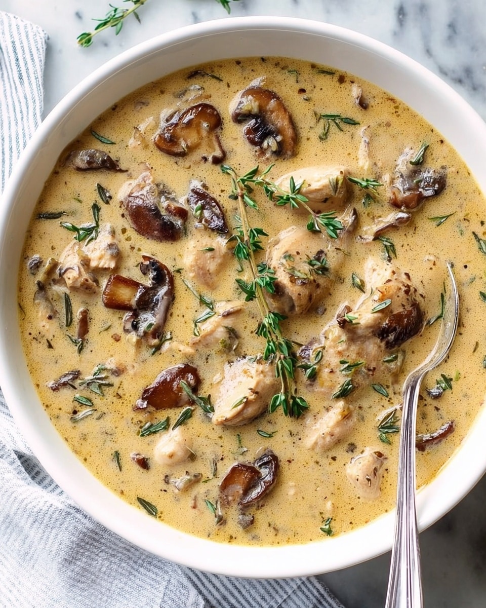 A white bowl filled with a creamy beige soup that has a thick texture, containing soft chunks of light tan chicken pieces and sliced, browned mushrooms scattered on top. There are sprigs of fresh green herbs, likely thyme, placed in the middle and sprinkled over the soup's surface. A silver spoon is partially submerged on the right side inside the bowl. The bowl is set on a white marbled surface with a hint of a white and blue striped cloth beside it photo taken with an iphone --ar 4:5 --v 7