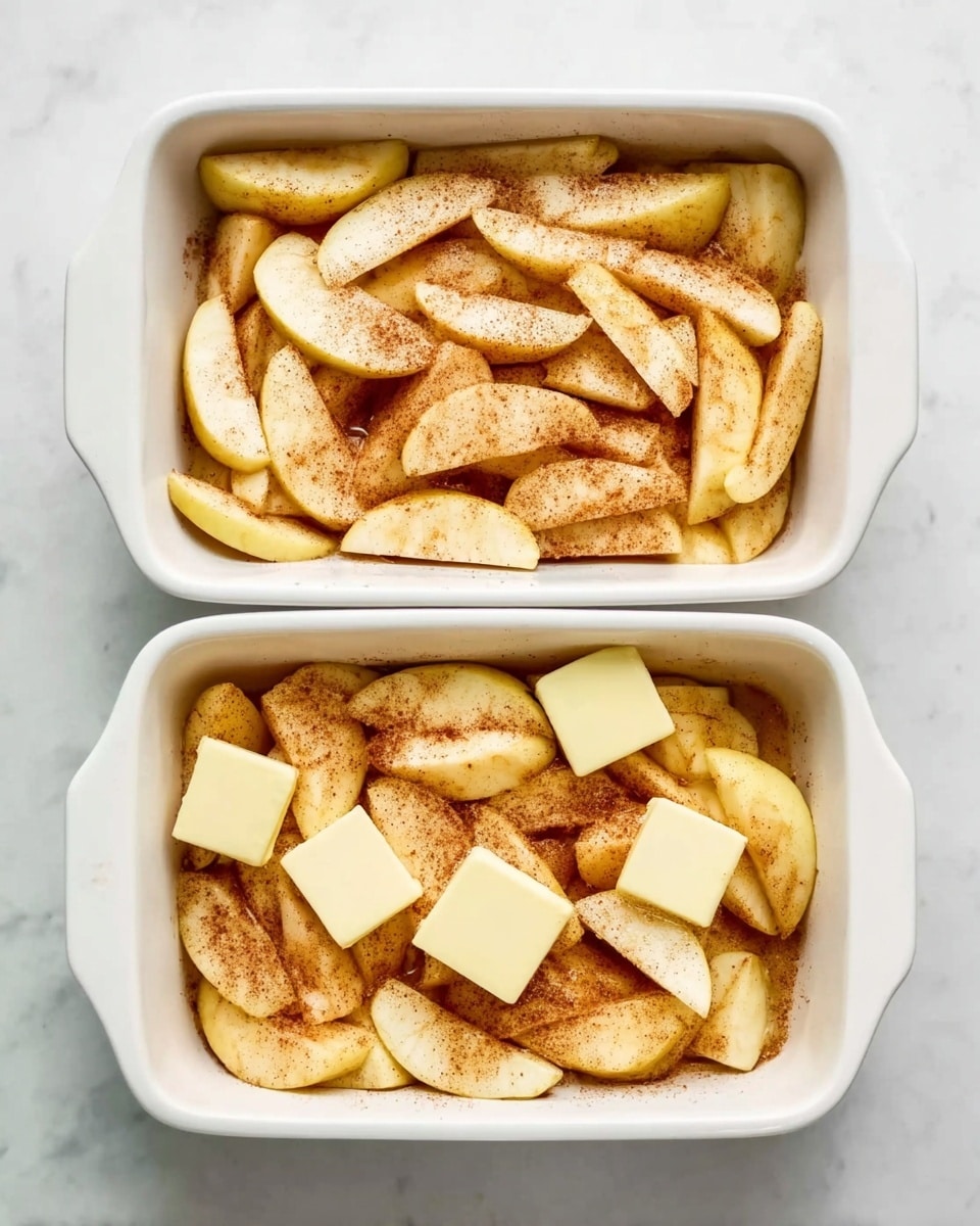 A white rectangular baking dish sits on a white marbled surface, filled with two layers of thin, unevenly sized slices of pale, peeled apples dusted with a light layer of cinnamon powder, giving the apple pieces a speckled brown color. In the second image, three small square chunks of pale yellow butter are placed unevenly on top of the apple slices. The inside of the dish shows a slight shine of moisture on the apples, highlighting their fresh texture. Photo taken with an iphone --ar 4:5 --v 7