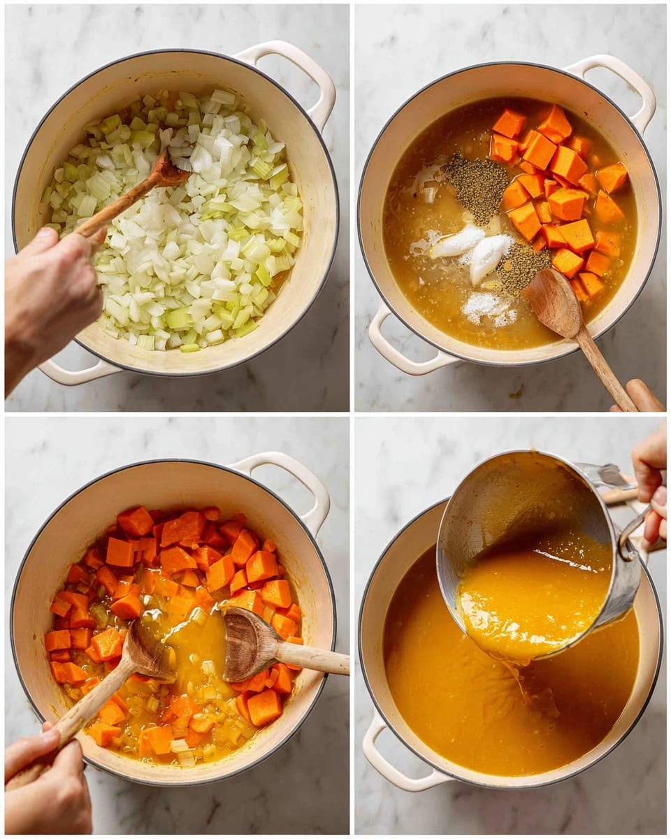 A set of six images showing the cooking process of a dish inside a white pot on a white marbled surface. Image 1 shows a single layer of chopped white onions and celery with a wooden spoon inside the pot. Image 2 adds large bright orange chunks of sweet potatoes resting on top of the onions and celery, with a woman's hand stirring with a wooden spoon. Image 3 shows all previous ingredients submerged in a golden liquid broth, with a woman's hand stirring. Image 4 shows the pot filled with simmering broth and soft orange sweet potato chunks, while a woman's hand holds a white pepper shaker over the pot. Image 5 shows the pot now filled with a smooth orange puree being stirred with a wooden spoon by a woman's hand. Image 6 zooms in on thick, smooth, bright orange soup being poured from a metal ladle back into the pot. Photo taken with an iphone --ar 4:5 --v 7