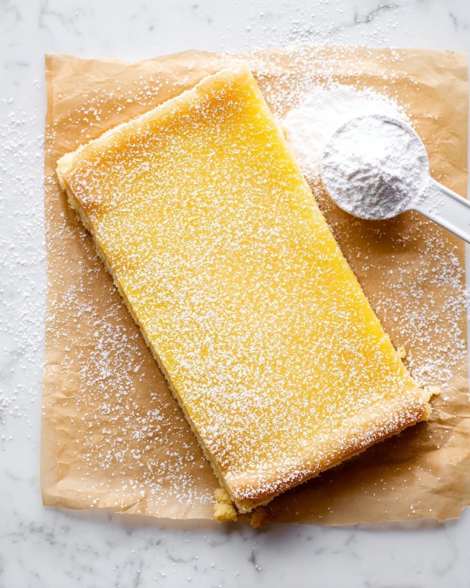 A rectangular dessert with two visible layers is placed on parchment paper over a white marbled surface. The bottom layer is light brown and looks firm, while the top layer is a smooth, bright yellow, likely lemon-flavored, with a dusting of white powdered sugar spread evenly across it. A white measuring spoon filled with powdered sugar sits at the top right corner, slightly above the dessert. The edges of the dessert are slightly uneven. Photo taken with an iphone --ar 4:5 --v 7