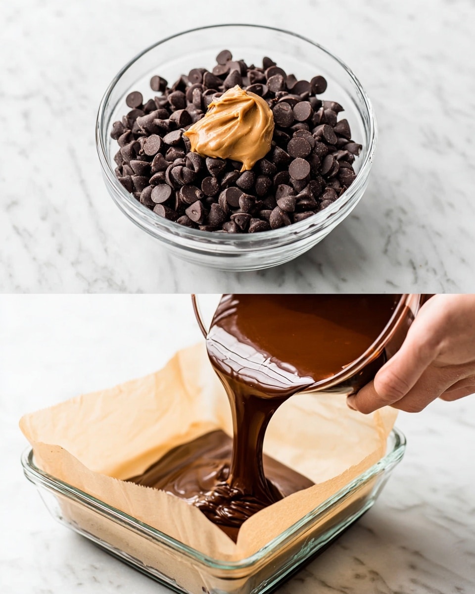 The first image shows a clear glass bowl filled with dark brown chocolate chips, topped with a smooth dollop of light brown peanut butter in the center, all placed on a white marbled surface. The second image features a woman's hand holding a clear glass bowl tilted to pour thick, glossy dark brown melted chocolate smoothly over a square glass dish lined with beige parchment paper, set against a white marbled background. photo taken with an iphone --ar 4:5 --v 7