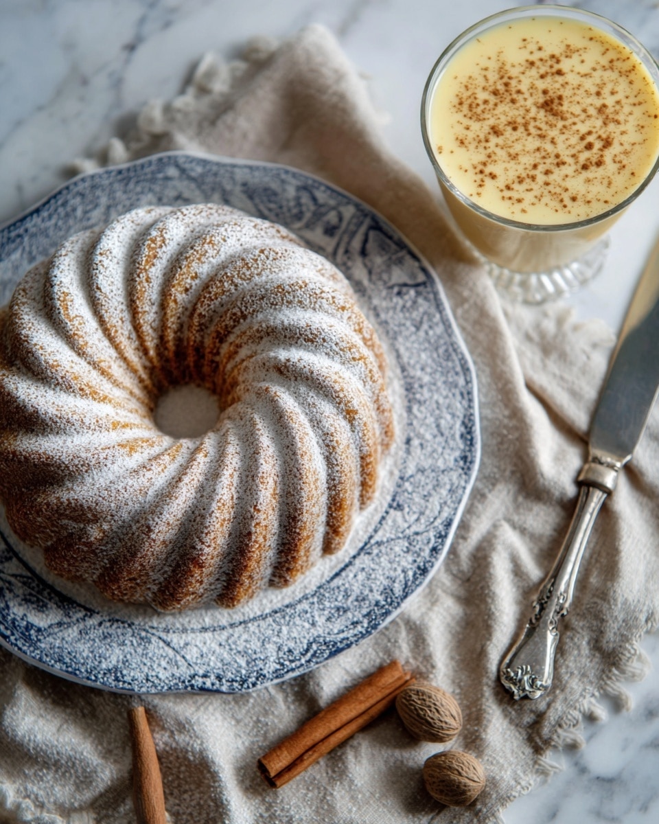 A round bundt cake with a detailed swirl pattern on top is placed on a white plate with blue accents. The cake is light brown and covered with a thin layer of white powdered sugar that also lightly dusts the plate around it. To the right, there is a glass filled with creamy yellow custard sprinkled with brown cinnamon powder. Below the plate on a beige cloth, there are two whole nutmegs and two cinnamon sticks next to an ornate silver knife. The setting is on a white marbled surface. Photo taken with an iphone --ar 4:5 --v 7