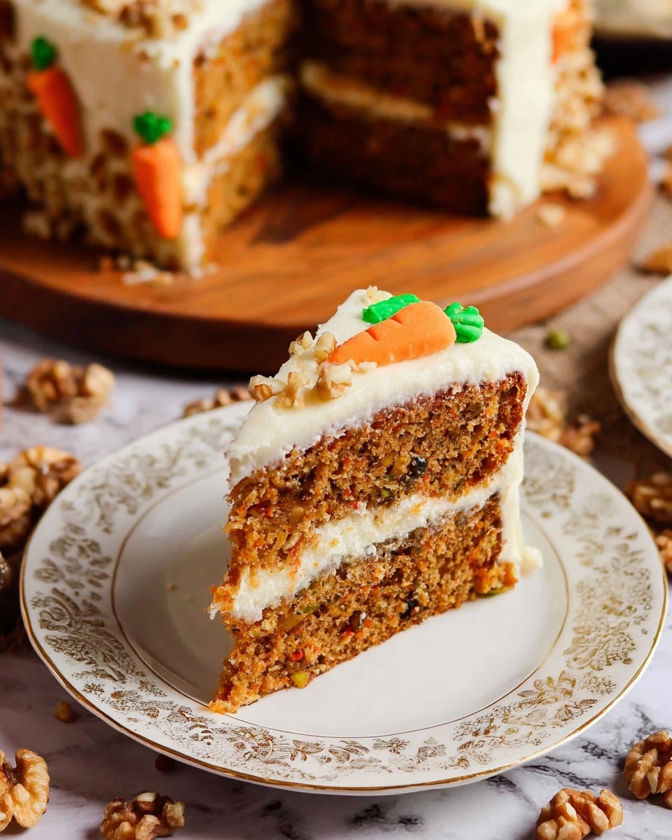 The image shows a slice of two-layer carrot cake on a white plate with a delicate gold pattern. Each layer is a moist, brown cake with visible bits of carrot and walnut, separated by a thick layer of creamy white frosting. The cake slice is decorated on the side with finely chopped nuts and a small orange icing carrot with a green stem. In the background, more of the same cake is visible on a wooden board, with the surface covered with a creamy white frosting and similar carrot decorations. The scene is set on a white marbled surface, with scattered walnut pieces around. Photo taken with an iphone --ar 4:5 --v 7