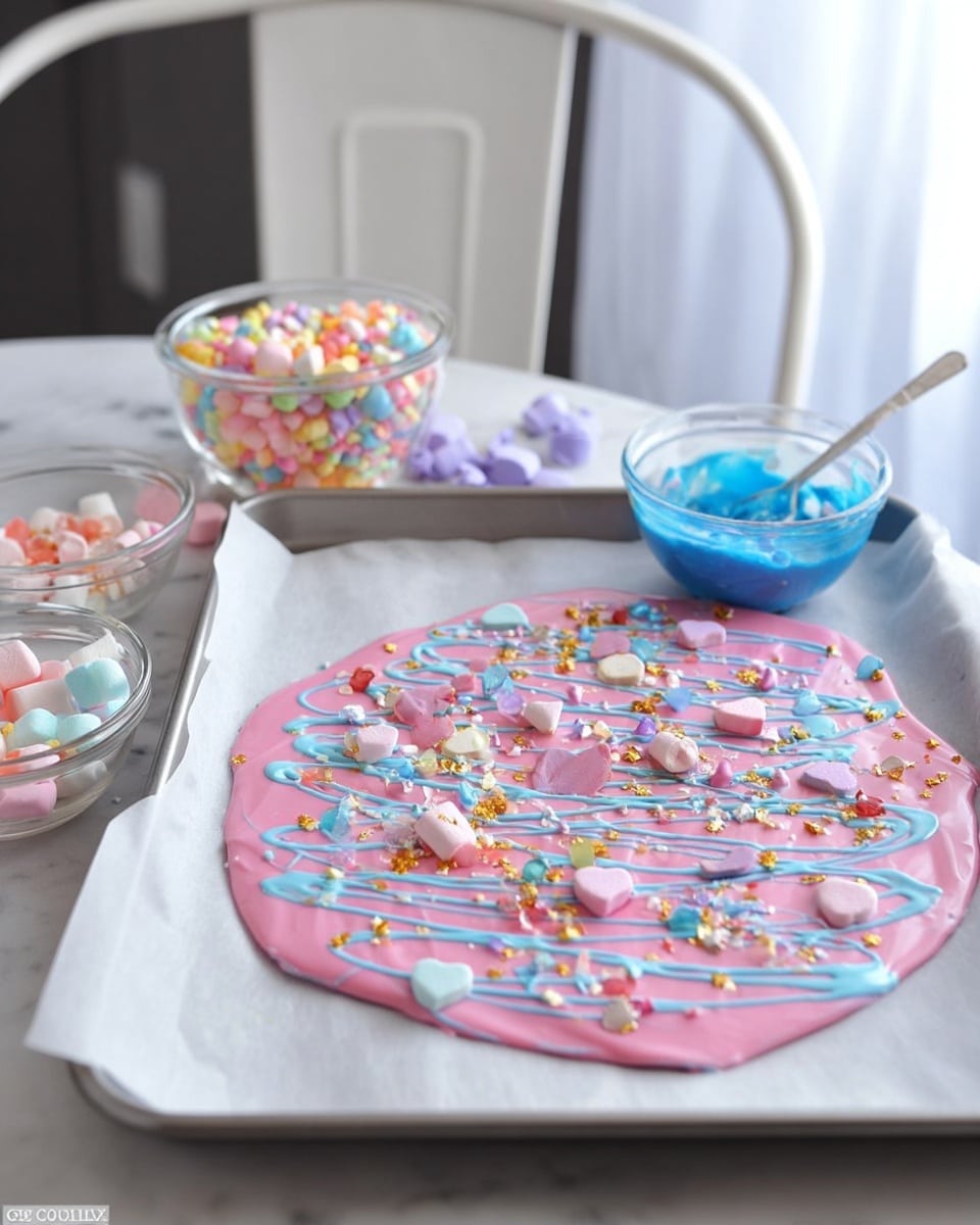 A round pink candy bark spread thinly on a white baking tray covered with parchment paper sits on a white marbled surface. This bark has light blue drizzle crisscrossing on top, with scattered small heart-shaped candies and tiny marshmallows in pastel colors. A few gold flakes add sparkle. Around the tray are small clear glass bowls holding colorful round sprinkles and pastel marshmallows. A white spoon rests in a small blue bowl, partially filled with blue melted candy. The background shows a white chair with a curved back and a white curtain letting soft light in. photo taken with an iphone --ar 4:5 --v 7