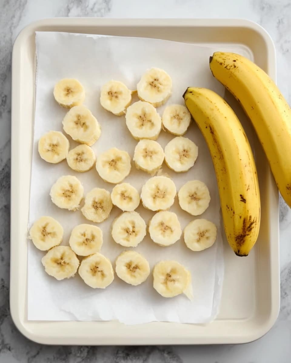 The image shows sliced banana pieces arranged on a sheet of white parchment paper, which covers a white tray. The banana pieces are circular and vary slightly in size, with pale yellow flesh and small brown seeds in the center. On the right side of the tray, there are two whole bananas with a yellow peel and brown spots visible. The tray is placed on a white marbled surface. photo taken with an iphone --ar 4:5 --v 7