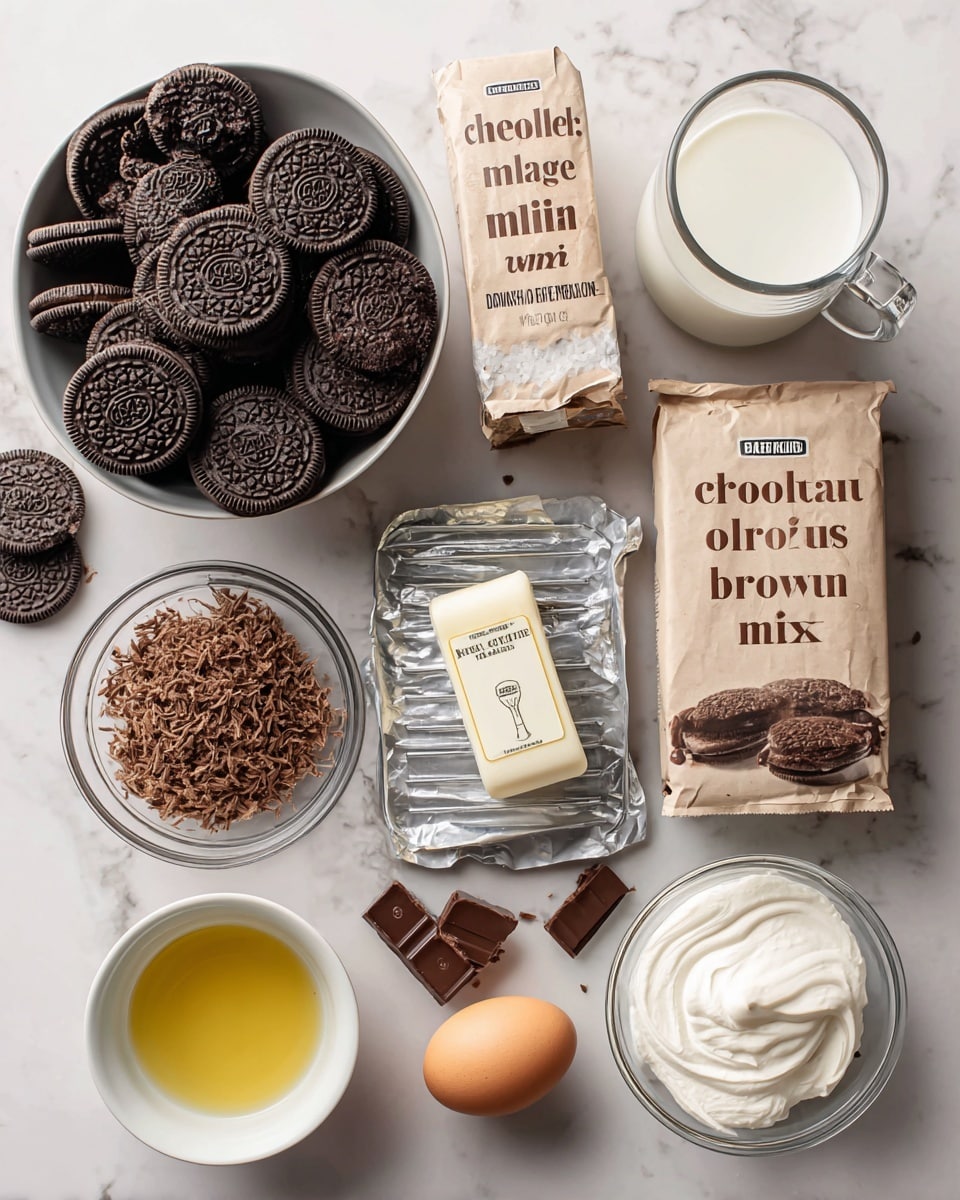 The image shows various ingredients for a dessert arranged on a white marbled surface. There is a large bowl filled with dark brown Oreo cookies on the left side. Above the bowl, two crumpled brown paper packets labeled